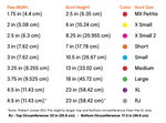 Chart detailing paw width, boot height, color, and size for dog boots with corresponding measurements.