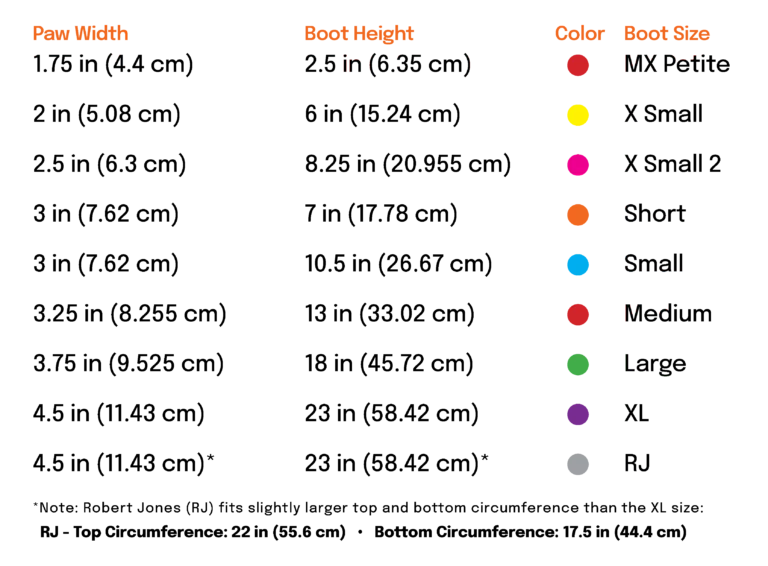 Chart detailing paw width, boot height, color, and size for dog boots with corresponding measurements.