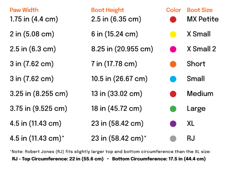 Chart detailing paw width, boot height, color, and size for dog boots with measurements in centimeters and inches.