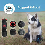 Dog wearing Rugged X-Boot with MediPaw branding and features displayed.