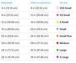 Measurement chart for suit sizes with body length, chest circumference, and color-coded size labels.