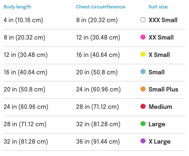 Measurement chart for suit sizes with body length, chest circumference, and color-coded size labels.