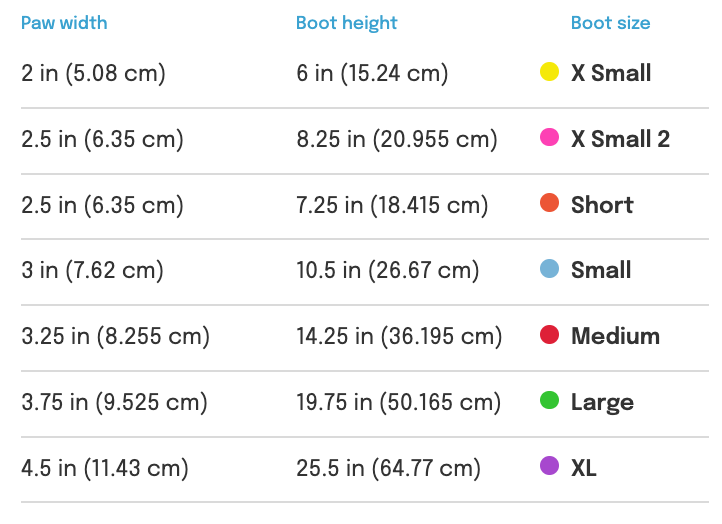 sizing table for a medipaw healing slim boot