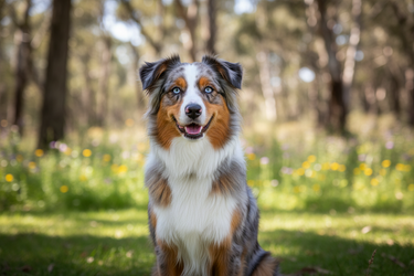 Austrailian shepherd stand in wooded area