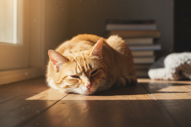 Orange cat lying on a wooden floor with sunlight streaming in