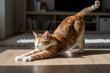 Cat stretching on a wooden floor with a blurred room background