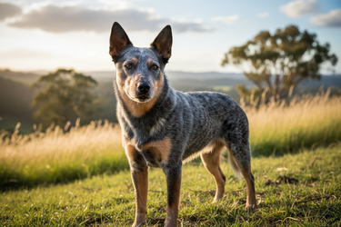 Dog standing in a field with trees and mountains in the background