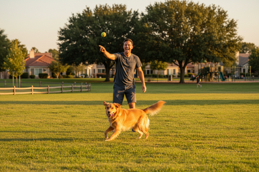 Man playing fetch with dog in park