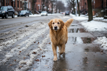 Dog walking on a snowy street with cars and buildings in the background
