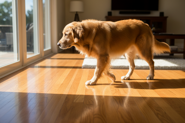 Dog standing on a wooden floor in a room with large windows.