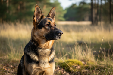 German Shepherd sitting in a natural setting with trees and grass.