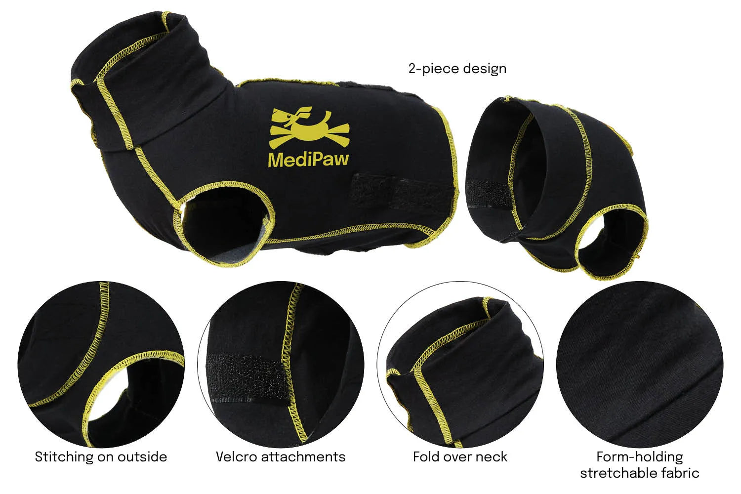 Black medical pet shirt with yellow accents and MediPaw branding, shown from multiple angles on a white background.