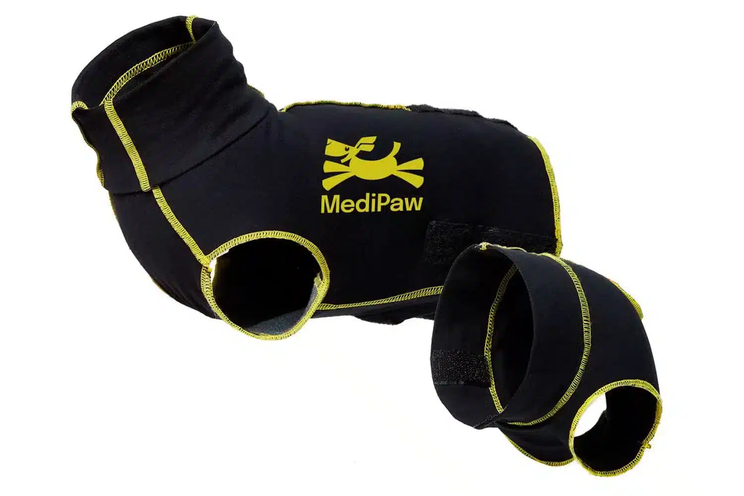 Black and yellow MediPaw 2-piece recovery suit on a white background