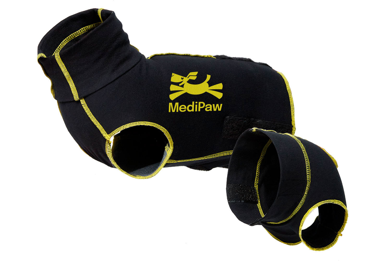 Black 2-piece dog recovery with yellow trim and Medipaw logo on a white background
