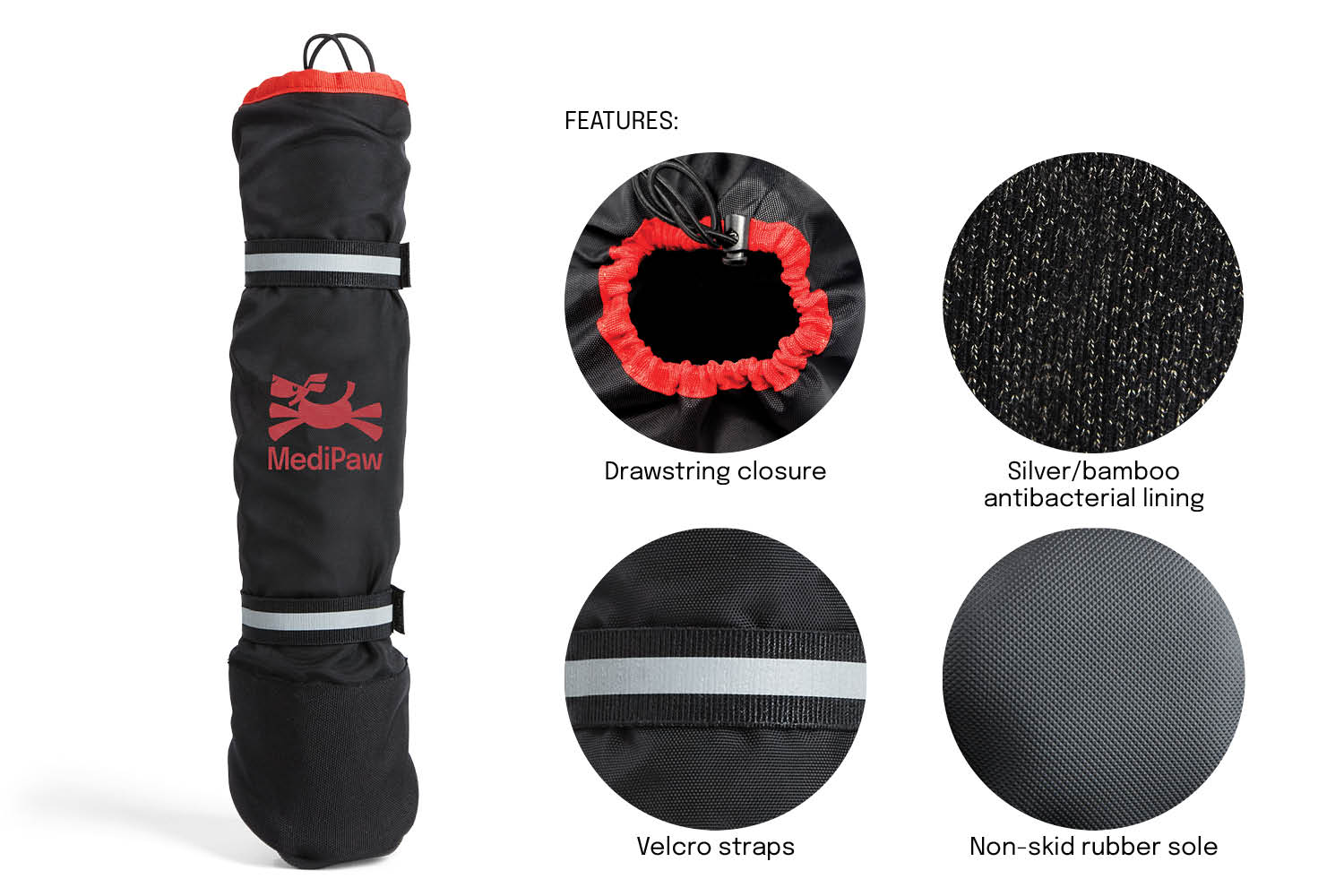 Black healing slim boot with red drawstring closure, featuring MediPaw branding, on a white background with product features highlighted.