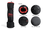 Black dog boot with features listed on a white background