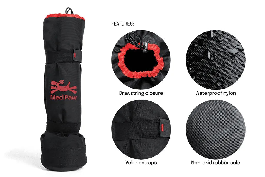 Black dog boot with features listed on a white background