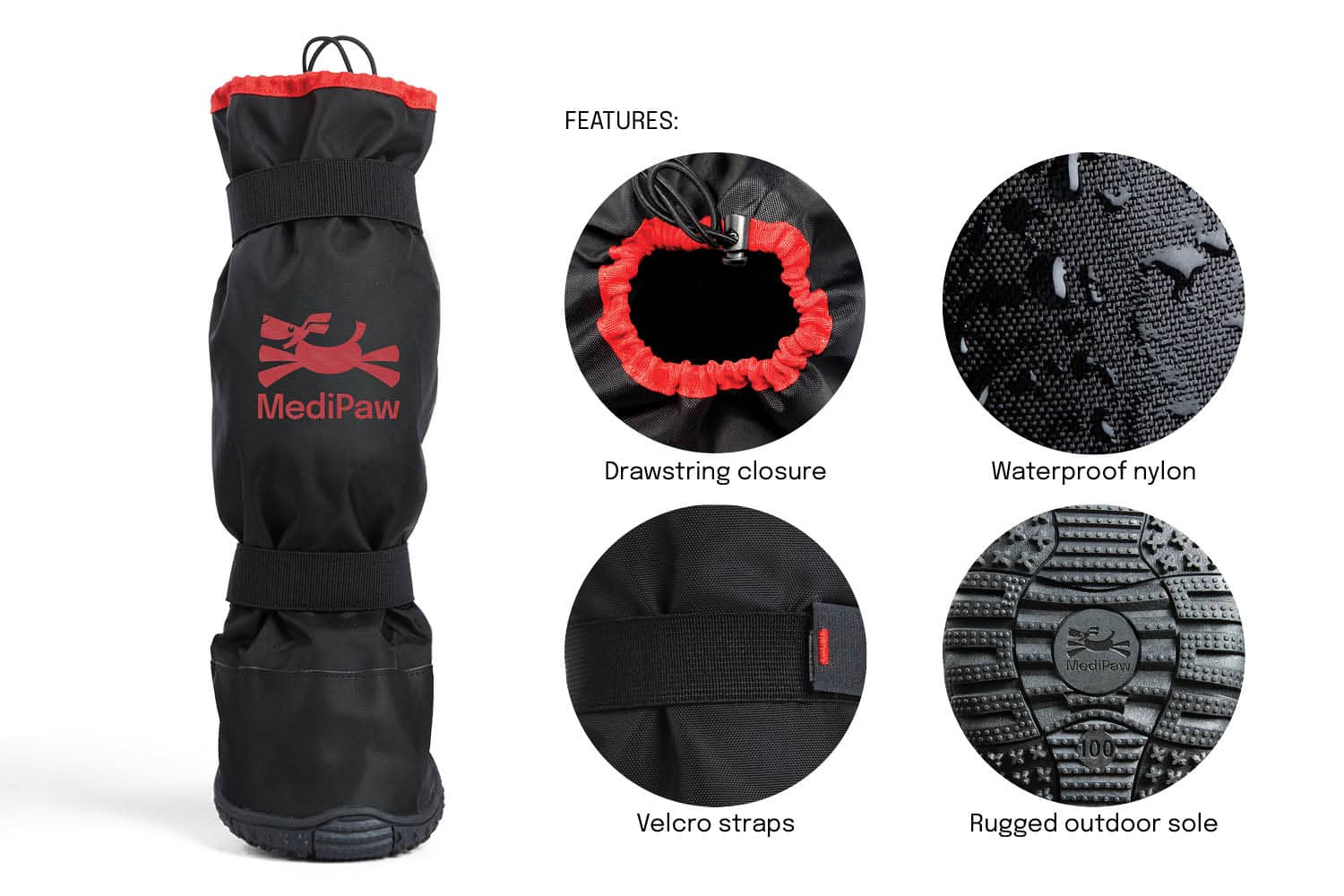 Black and red Rugged-x boot with MediPaw branding, featuring drawstring closure, waterproof nylon, velcro straps, and rugged outdoor sole.