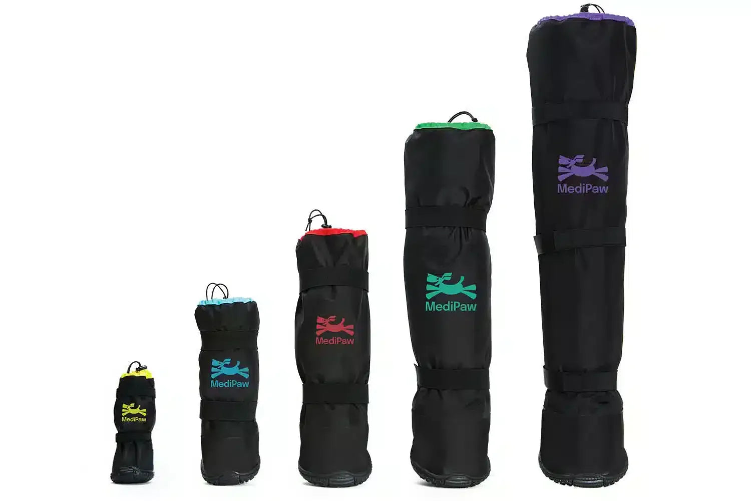 Set of black protective MediPaw boots with brand logos on a white background