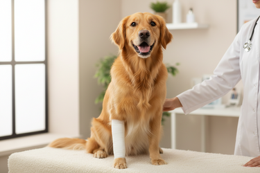Dog with a bandaged paw sitting on a table next to a veterinarian in a clinic.