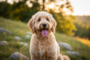 Dog sitting in a field with a blurred natural background
